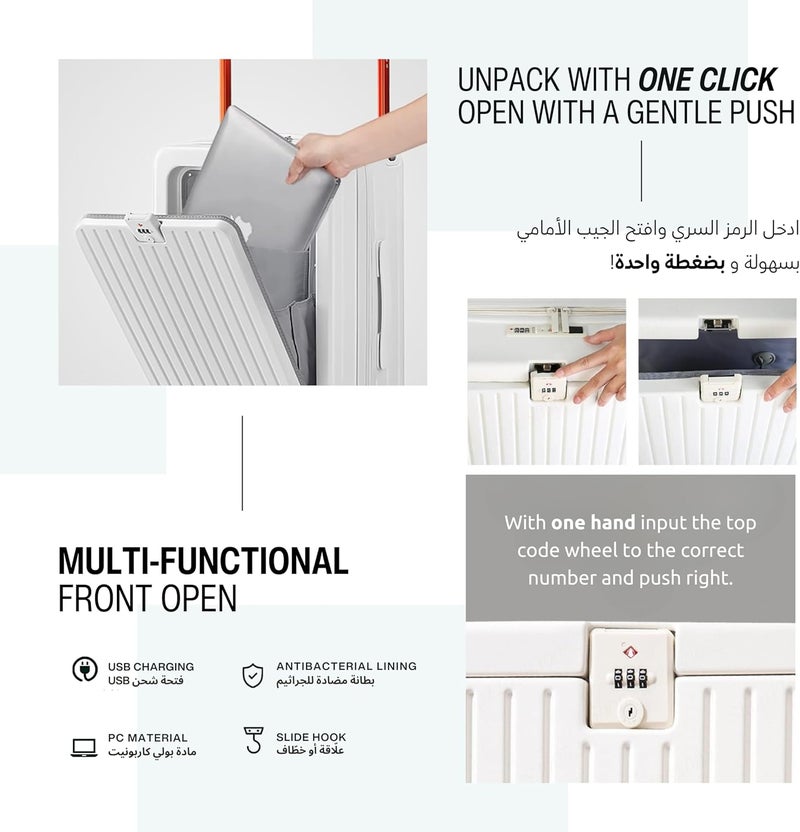 Tereplus 20-inch Carry-on Luggage with Front Open Laptop Compartment, USB Port, and Cup Holder - White - Image 3